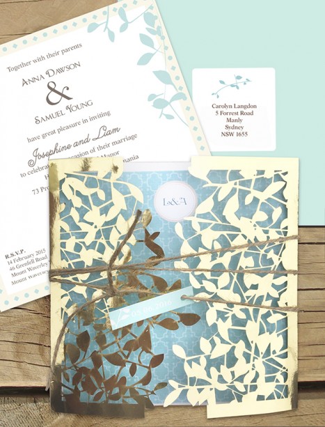 Gold metallic leafy affair laser cut invitation