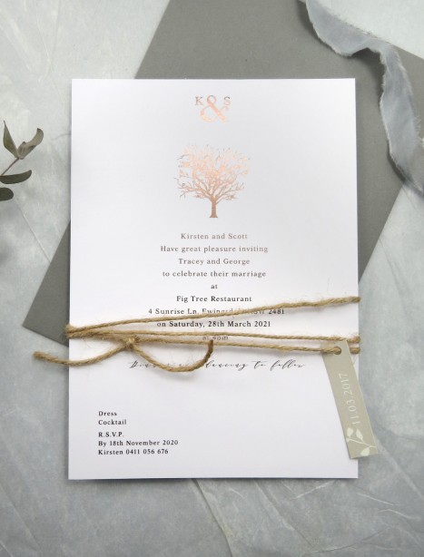 metallic rose gold foil jacaranda joy invitation