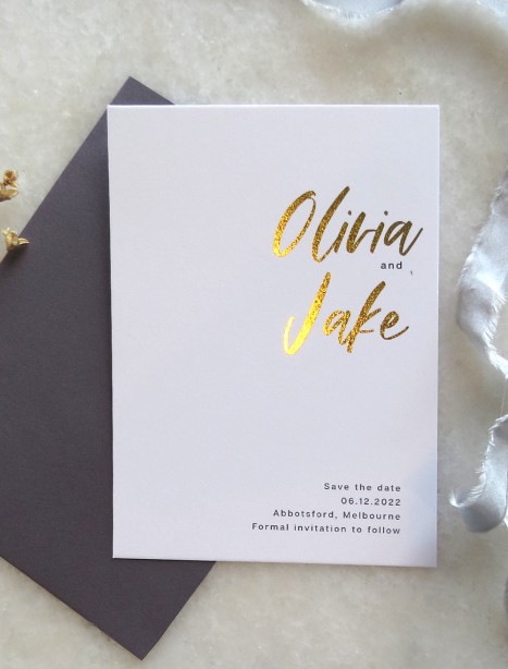 save the date olivia gold and rose gold foil 