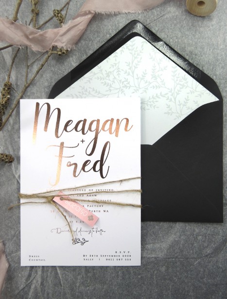 Metallic rose gold foil Meagan invitation