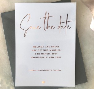 save the date flirtation metallic rose gold foil