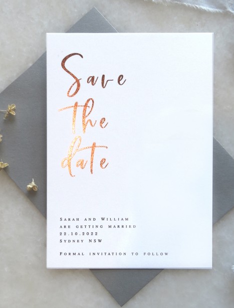 save the date! sweetie rose gold and gold foil