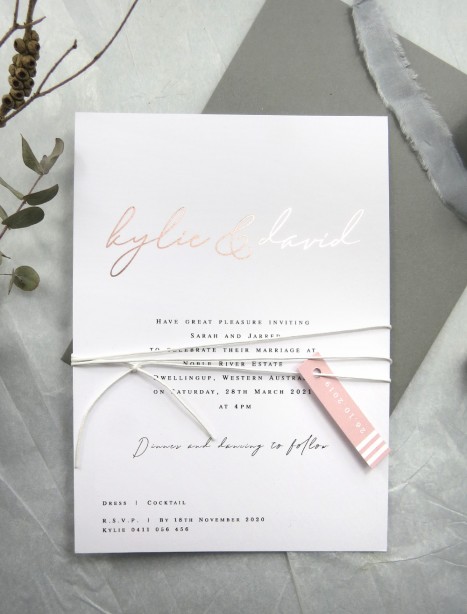 Metallic rose gold and gold foil copenhagen invitation