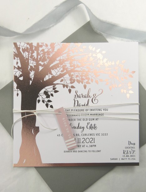 metallic rose gold and gold foil! under the oak invitation