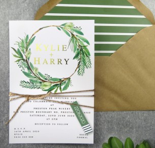 metallic rose gold and gold foil watercolour wreath invitation