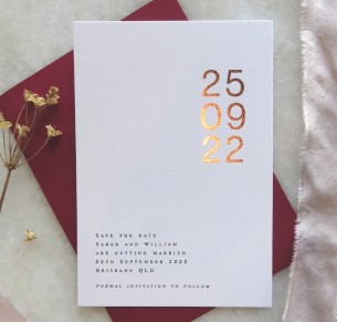 save the date! metallic gold and rose gold san serif