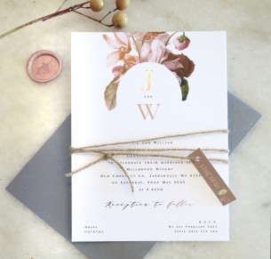 earthy floral metallic rose gold wedding invitation