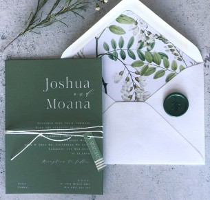 Cinnamon white ink on sage wedding invitation