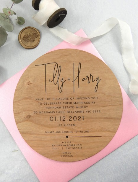 Printed on Wood! Tilly circle invitation