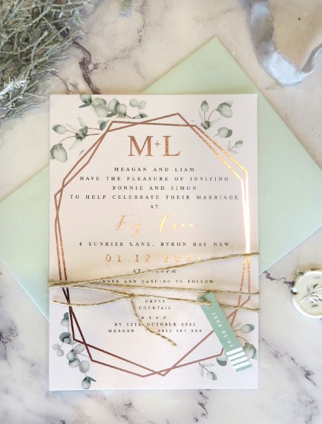 Geo gum rose gold foil wedding invitation