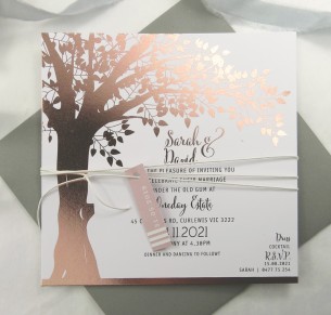 metallic rose gold and gold foil! under the oak invitation