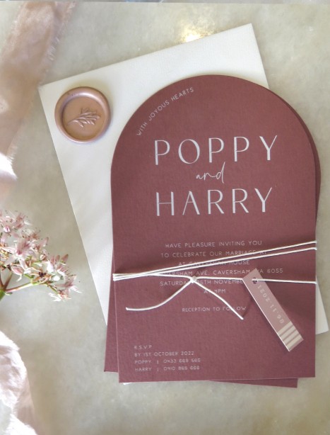 poppy arch white ink wedding invitation