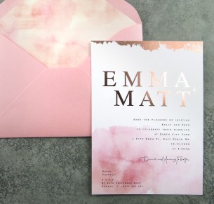 metallic rose gold foil! blushed watercolour invitation