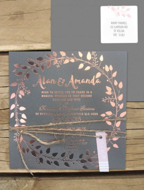 Foil on coloured cardl! Grecian garland invitation