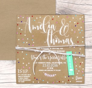 Dream dust white+colour on kraft invitation