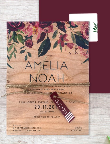 Printed on wood! bordeaux invitation