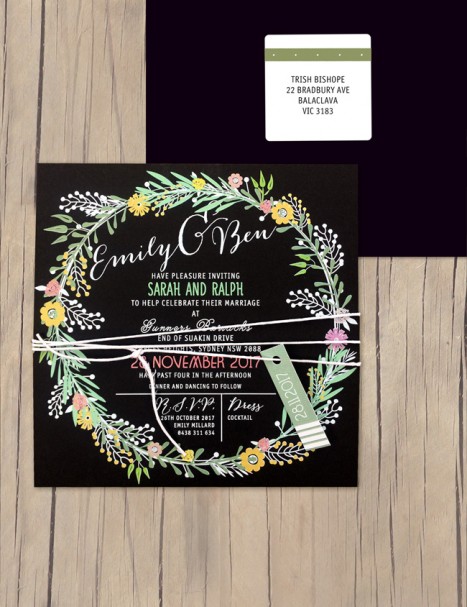 charmed white+colour on black invitation