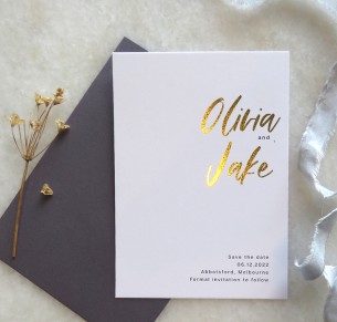 save the date olivia gold and rose gold foil 