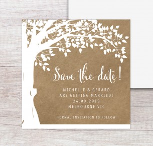 Under the oak save the date white ink on kraft