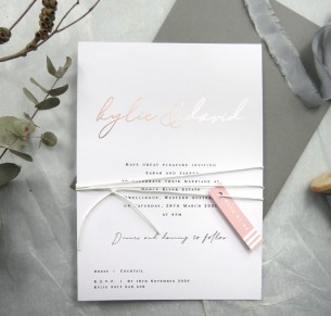 Metallic rose gold and gold foil copenhagen invitation